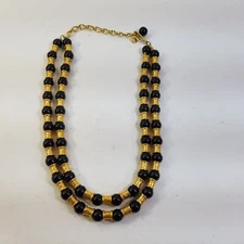 LCI Double Strand Gold Tone Spacers Necklace Egyptian Revival Black Bead  Signed