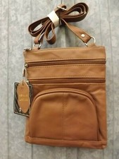 NEW Handcrafted Light Brown Real Leather Multi Pocket Crossbody Organizer Purse