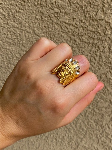 SOLID 14k Gold Finish Native Head Ring Size 6-13 New Drop Mens Ring - Picture 7 of 7