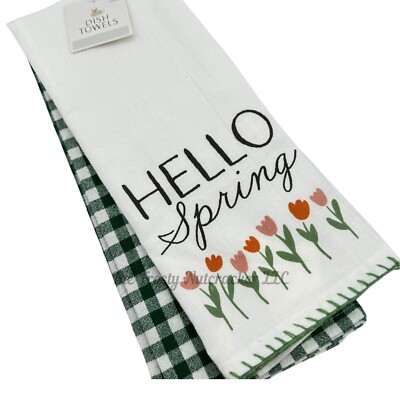 Target Bullseye Easter 2024 HELLO Spring Green Plaid Kitchen Towel Set TB15