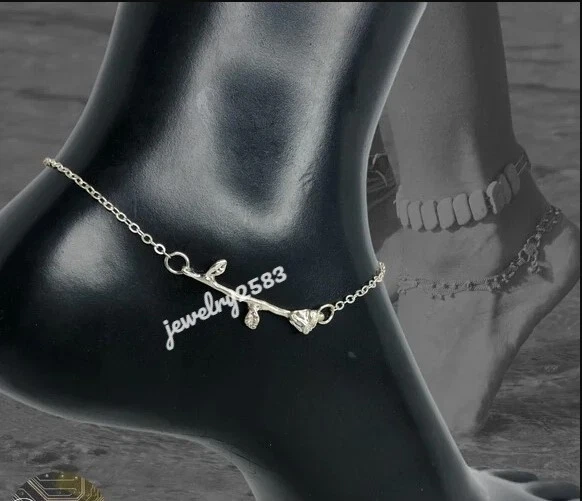 Regalo para mujer tobillera elegante de metal macizo chapada en oro blanco de 8" 14k plateada Foto 3 de 4