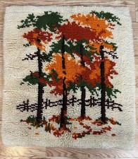 VTG Latch Hook Rug Wool 70  s Earthy Trees Wall Hanging Orange Green Boho