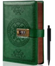 Green Journal with Lock 290 Lined Pages Refillable Pen 5.7"x8.3" Travel Diary