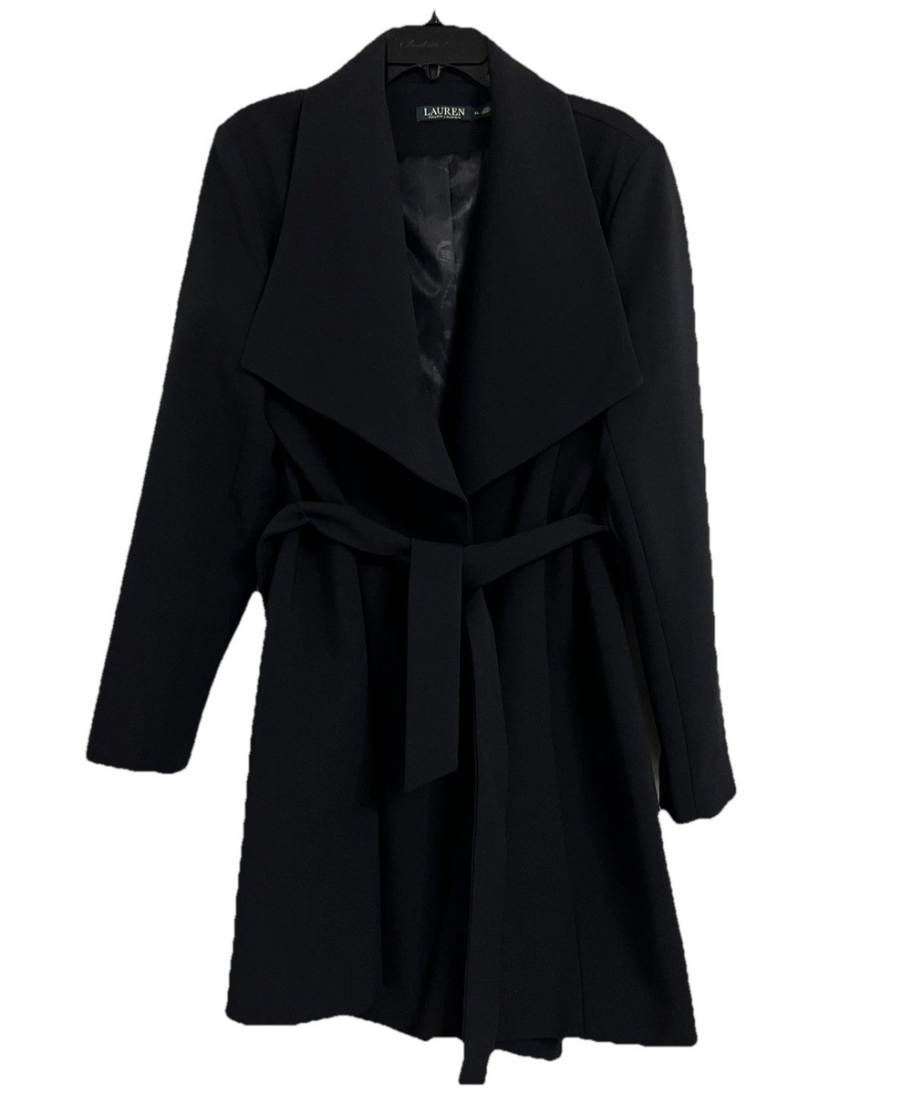 Lauren Ralph Lauren Coat XL Black Belted Wrap Waterfall Collar RLL