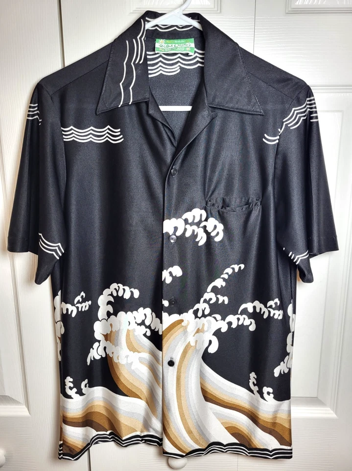 Camisa Hawaiana Waltah Clarke's Vintage Años 60 - "Tidal Wave" Multicolor Negra/Marrón Foto 4 de 4