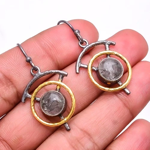 Black Rutilated Quartz - Brazil 925 Silver Black & Gold Plated Earring 1.64" E30