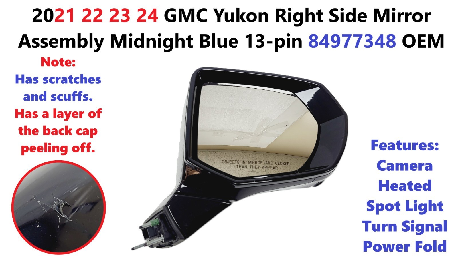 2021 22 23 24 GMC Yukon Right Side Mirror Assembly Midnight Blue 13-pin 84977348