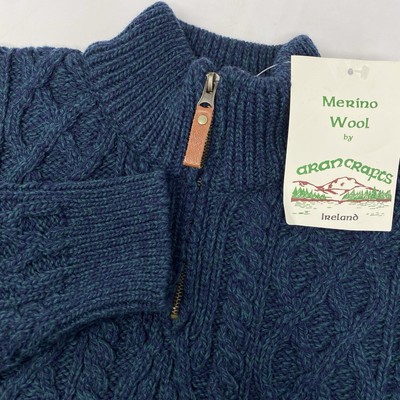 Aran Crafts Men L Merino Wool Navy Green Cable Knit 1/4 Zip Pullover Sweater NEW