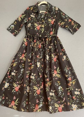 Hermoza Women L Dress Midi Black Floral Poplin Cotton Collar Francesca Modest