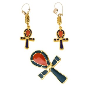 Authentic Vintage 1974 MMA Gold Plated Enamel Egyptian Ankh Pendant & Earrings Set