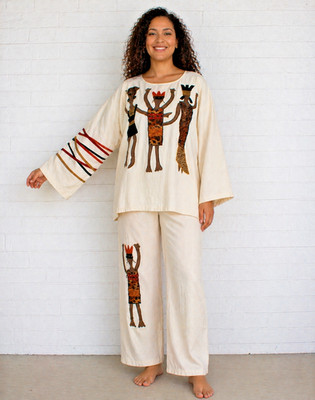Alfredo's Wife XL Tribal Dancers Wearable Art Cotton Tunic Cropped Pant Set