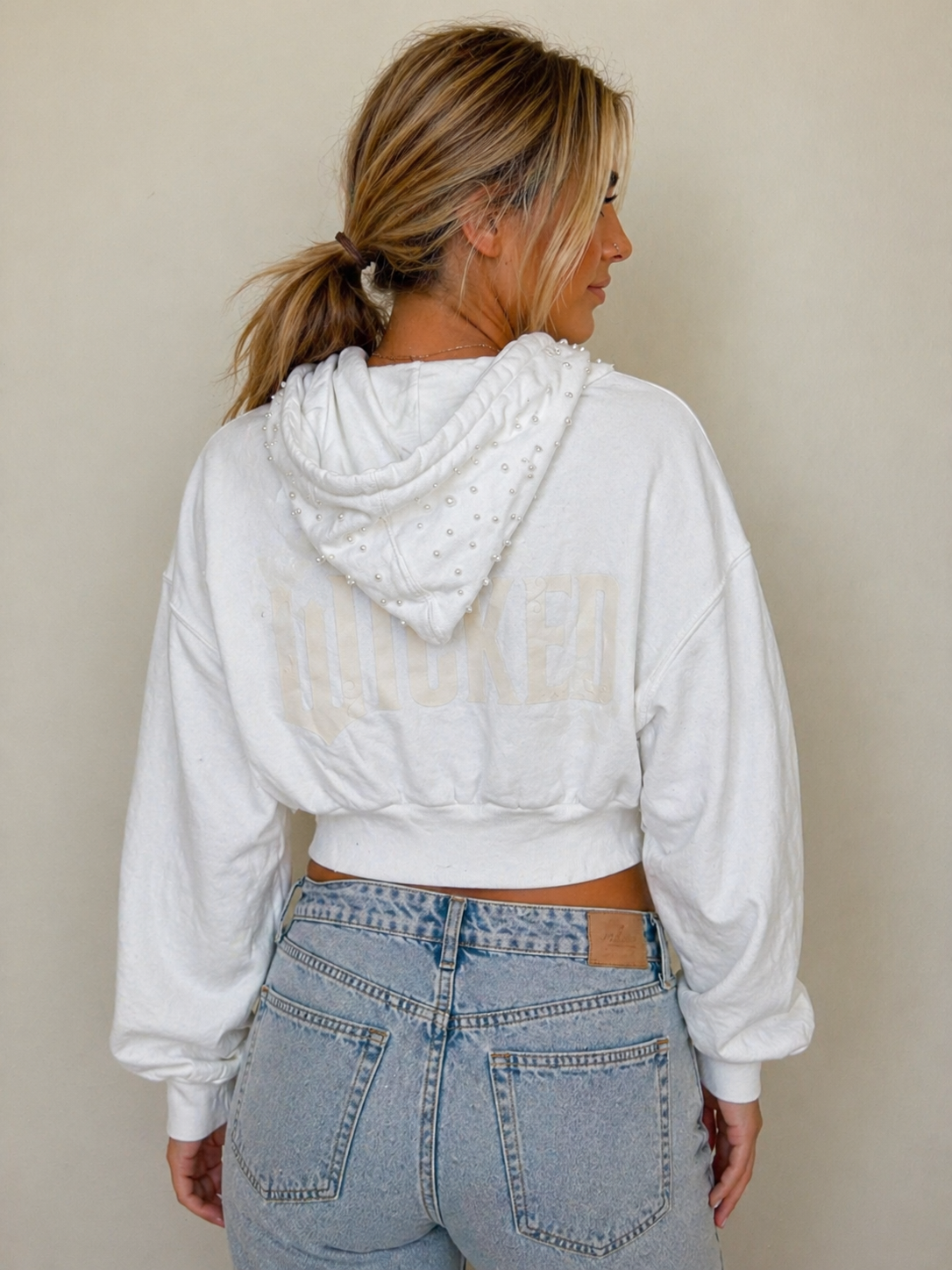 Wicked Hoodie Paul Tazewell Collection MD Cropped Zip Pearl Detail White Women’s