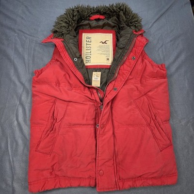 HOLLISTER Down Vest Faux Fur Neck Red / Brown Mens SZ Medium Y2k New