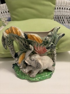 Vintage Elephant Jungle Tropical Palm Trees Majolica Ceramic Wall Pocket Planter