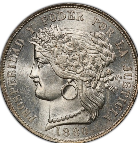 Peru 5 Pesetas 1880 B-BF MS64 PCGS, Lima mint, KM 201.1 Without - No dot variety - Picture 1 of 4