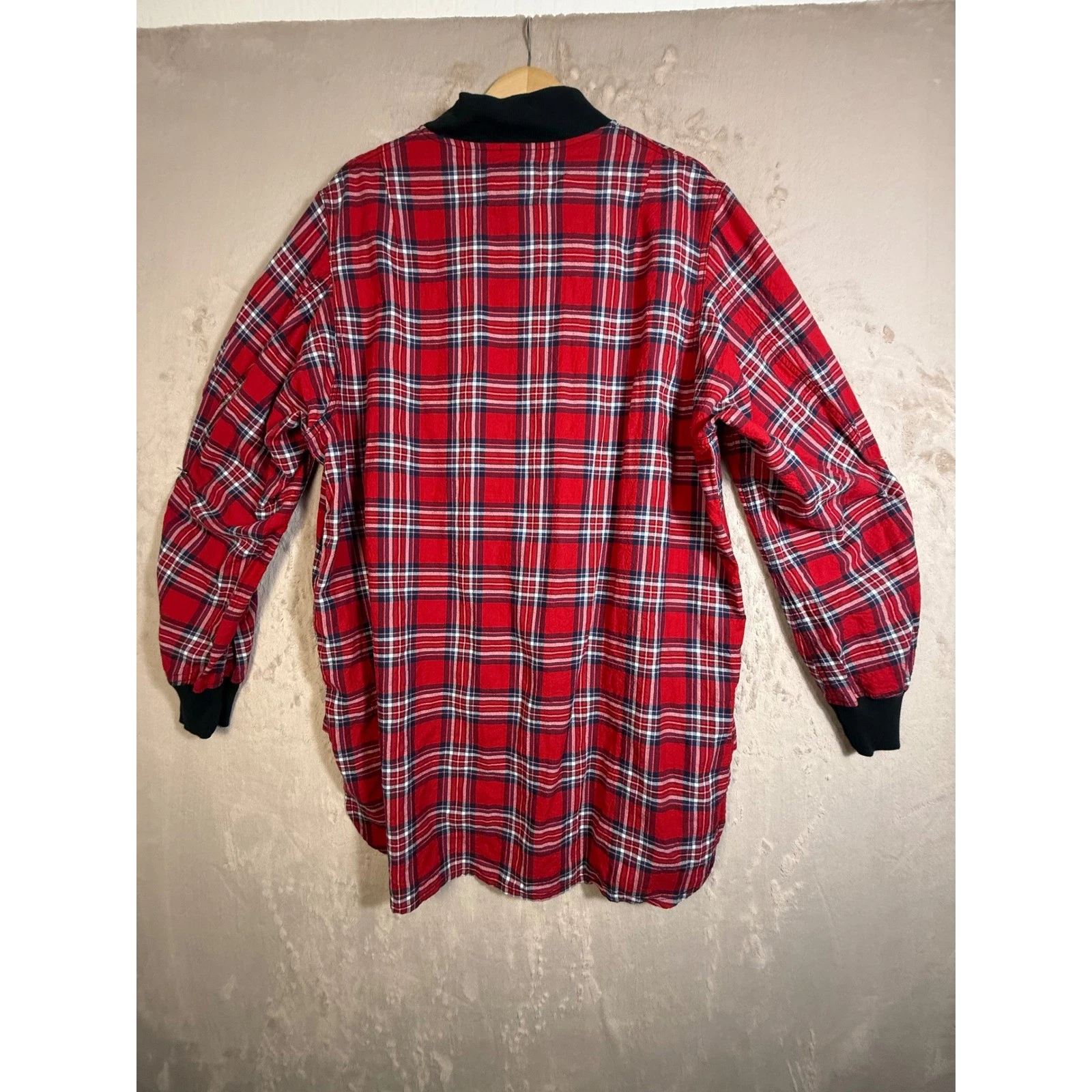 R13 Flight Shirt Mens XL Red Plaid Japanese Fabric Zip Up Bomber Jacket Longline - product detail image 3