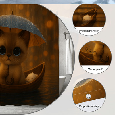 Cute Cat Umbrella Shower Curtain - Adorable Pet Design