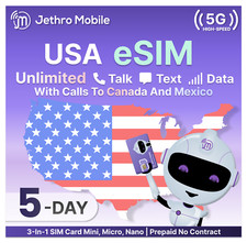 Jethro Mobile 5-Day Prepaid eSIM USA   5GB Data, Talk  Text Digital SIM Card