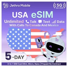 Jethro Mobile Prepaid eSIM USA 5 Days Unlimited Talk, Text, & 5GB High-Speed