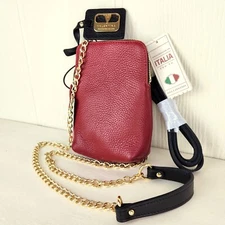 NWT Valentina Italy Genuine Leather Purse Crossbody Phone Holder Red Chain 2Way