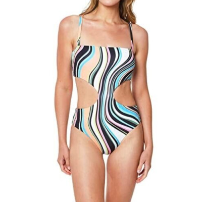 Sanctuary L19407 Womens Multi Wavy Printed Side Cutout One Piece Swimsuit Size L