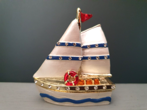 Enameled Rhinestone Red White Blue Sailing Boat Ship Pill Jewelry Gift Box - 第 1/8 張圖片