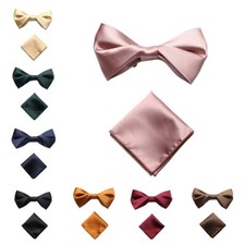 Men's Casual Solid Color Pre-tied Adjustable Bow tie Hanky Pocket Square Set