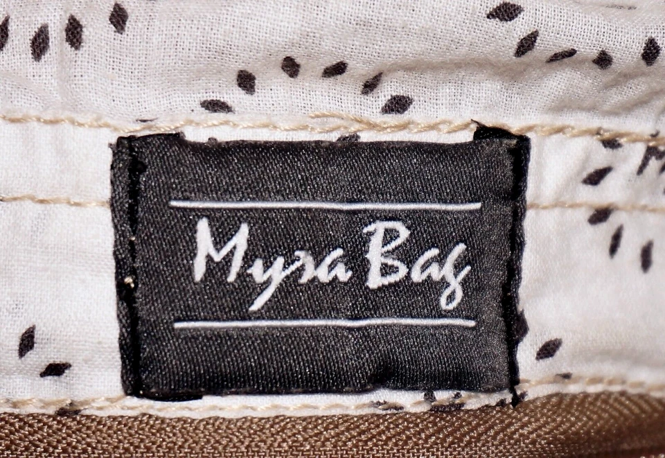 MYRA Tan, Gray, & Ivory Cotton Canvas & Leather Crossbody Shoulder Bag - Image 4 of 4