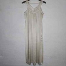 Vanity Fair Vtg Sleeveless Nightgown Large Beige Satin Embroidered V-Neck Maxi