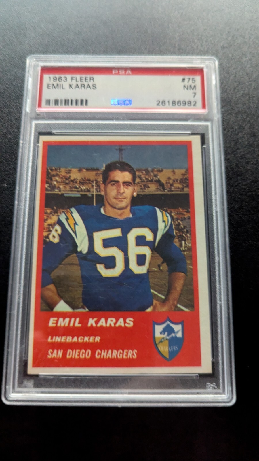 Emil Karas #75 Football Cards 1963 Fleer trading card — raw and PSA graded price guide