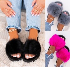WOMENS LADIES FAUX FLUFFY FUR SLIDERS WARM FASHION SLIP ON MULER SLIPPERS SHOES