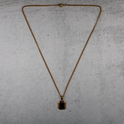 Gold Onyx Pendant Chain Necklace Stainless Steel Black Gemstone Pendant - Picture 6 of 7