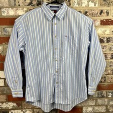 Tommy Hilfiger Jeans Button Up Dress Shirt Preppy Blue Striped Men's Size XL