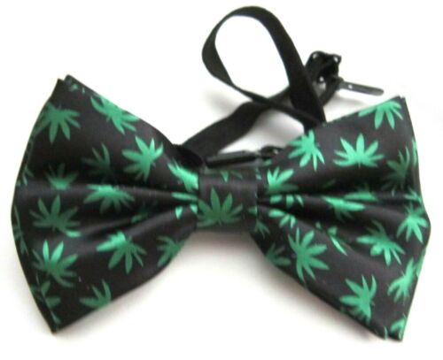 UNISEX BLACK WITH GREEN MARIJUANA MJ WEED LEAVES ADJUSTABLE STRAP BOW TIE-NEW - Picture 2 of 2