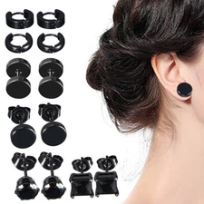6X Women Men Black Stainless Steel CZ Stud Hoop Earrings Ear Piercing Gift NEW