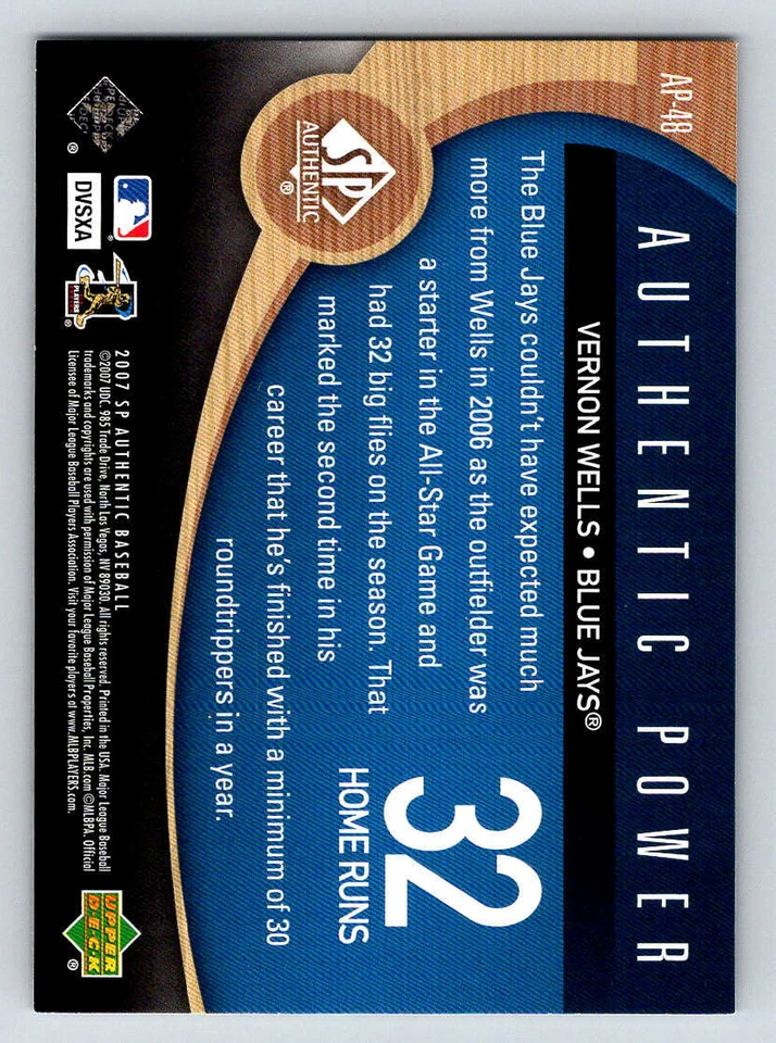 2007 SP Authentic Authentic Power #AP48 Vernon Wells (ref 191535) - Image 2 of 2
