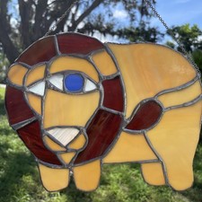 Vintage Stained Glass One Eyed Lion Suncatcher Folk Art Window Sun Jungle Animal
