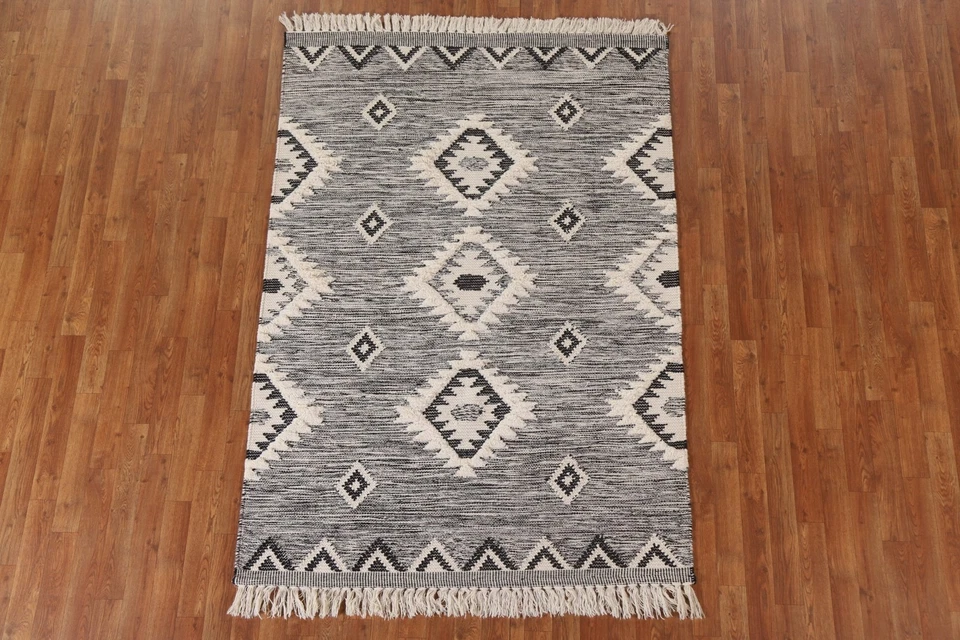 Oferta Black Friday alfombras geométricas negras/blancas Kilim enrejado tejido plano 5x7 pies Foto 3 de 4