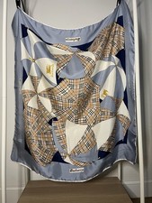 Burberrys Vintage Silk Square Scarf Blue Beige White Navy Gold Check Logo Women