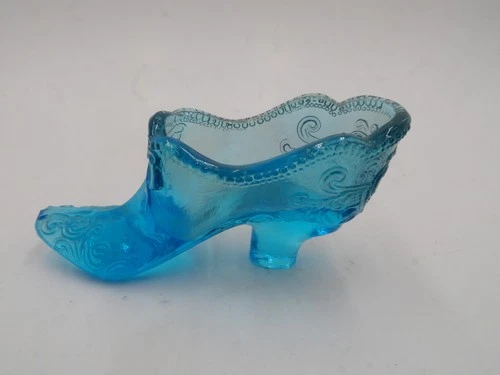 Vintage Fenton Blue Art Glass Pearls And Bow Pattern Slipper Shoe Boot 4.75"