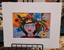 Girl With Glasses & Flowers Wall Art  Artist PRINT Matted To 8x10 Frame Size 