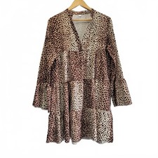 Ladies Animal Print Short Dress Tunic Tiered Shift Style V-Neck Long Sleeve Ligh