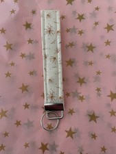Floral Daisy Patterned Wristlet Key Chain White Brown Fabric Metal Women