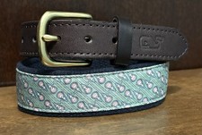 Vineyard Vines Green Lacrosse Ribbon Canvas Leather Belt Sz 24 1-1/4  wide USA EC