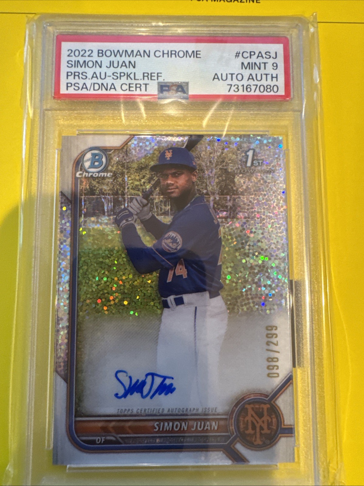 2022 Bowman Chrome Simon Juan 1st Bowman Auto Speckle Refractor /299 PSA Mint 9