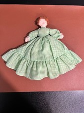 Vintage Handmade 9" Green Gingham Ruffle Dress Cloth Doll Folk Art