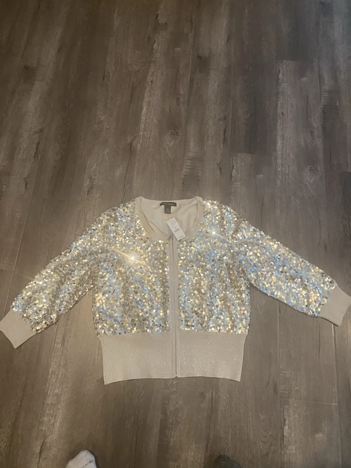 Suéter Beige/Dorado Casa Mercado Negro Lentejuelas Brillo Cremallera Frontal Talla: XL  Foto 3 de 4