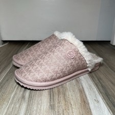 Michael Kors Womens Janis Signature Logo Print Faux Fur Lined Slippers Pink Sz 6