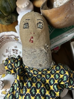 Depression Era Handmade Primitive Stockinette Rag Doll Hand Embroidered Face