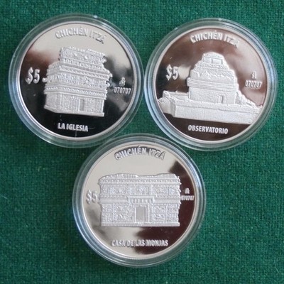 070707 MEXICO SILVER 3 COINS 1 Oz  CHICHEN ITZA  PYRAMIDS PROOF